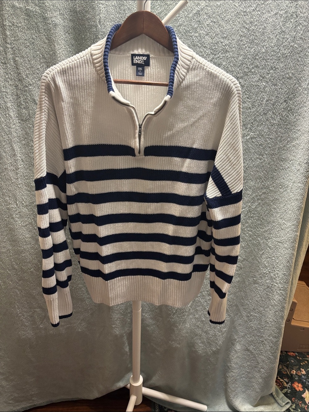Lands' End Cream and Navy Striped Quarter-Zip 100% Cotton Sweater